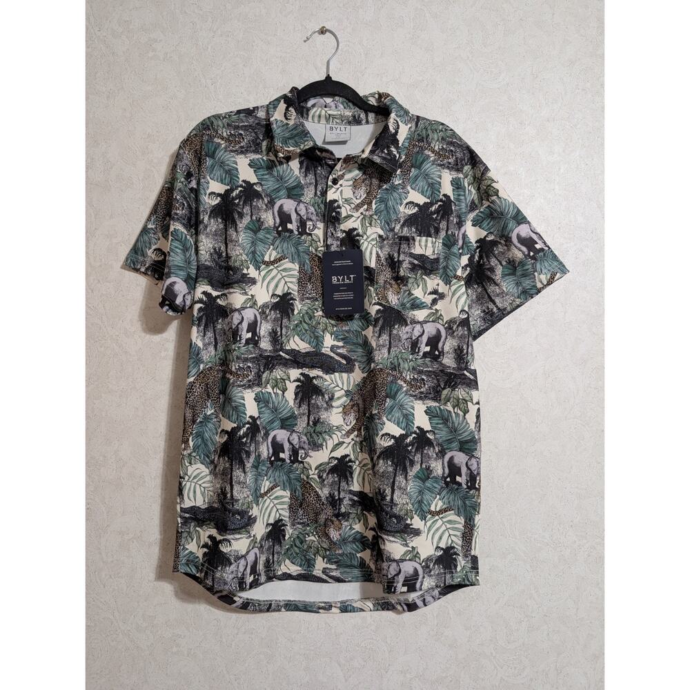 NWT BYLT Printed Polo Shirt Men's L Jungle Palm Floral Elephant All Over Print